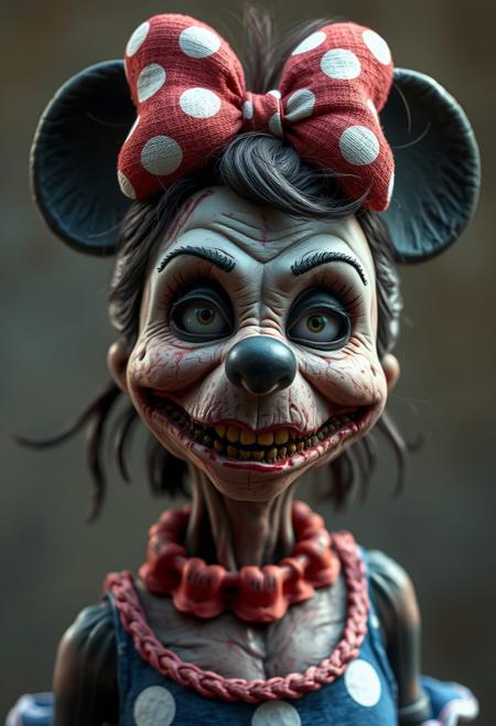 Minnie Mouse as a real life charater, she is a zombie, hyper realistic, ultra detailed skin surface, ultra detailed hair