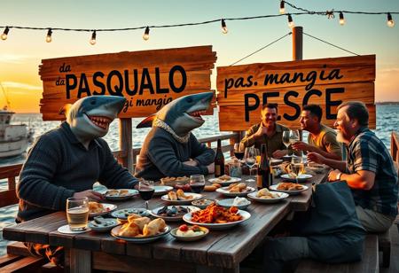 An Italianized humanoid shark named ‘Pasqualo,’ with a muscular body, gray shark-like skin, and sharp teeth, sits at a large wooden table on a seaside pier during sunset. He has black eyes, a prominent dorsal fin, and a friendly grin. Dressed in a rugged fisherman’s outfit, including a weathered wool sweater, rolled-up pants, and boots, Pasqualo blends seamlessly into the scene with his human fisherman friends. They laugh and chat around the table, their sun-baked skin and salt-worn clothes reflecting a life spent at sea.
The table is covered with rustic Italian seafood dishes: grilled fish, steaming bowls of pasta, crusty bread, and wine bottles. Half-filled glasses suggest recent toasts, and plates are scattered in a laid-back, festive atmosphere. Overhead, warm string lights cast a golden glow on the gathering.
In the background, a large wooden sign, slightly worn and hand-painted, reads ‘da PASQUALO si mangia PESCE.’ It’s mounted on a weathered post with a couple of seagulls perched on top. The sea behind them is calm, with fishing boats gently rocking in the harbor. The setting captures the authentic feel of an old Italian coastal town, with Pasqualo smiling and enjoying the meal with his closest friends, blending the fantastical with the familiar and realistic.