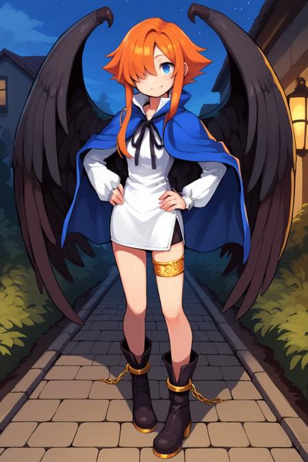 thrdef, 1girl, orange hair, long hair, medium hair with long locks, (hair over one eye), blue eyes, wings, black wings, feathered wings, dress, white dress, short dress, blue cloak, popped collar, neck ribbon, black ribbon, center opening, long sleeves, thighlet, boots thrdef, 1girl, blonde hair, long hair, medium hair with long locks, (hair over one eye), red eyes, wings, white wings, feathered wings, dress, white dress, short dress, blue cloak, popped collar, neck ribbon, black ribbon, center opening, long sleeves, thighlet, boots