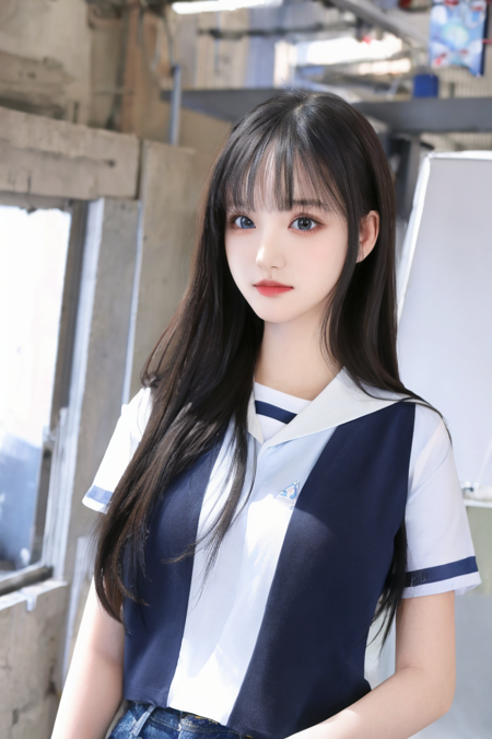 ((masterpiece)), (best quality), detailed, photorealistic, best quality, 1 girl, shirt, looking at viewer, ((t-shirt)), school uniform, school background:1.4, school Girl, upper body <lora:Liz-01:1>