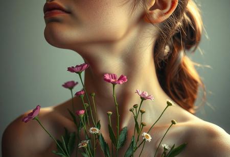 flowers grow from under the girl's skin, wreaths are visible where the stems of the flowers stick out, professional photo with gradient backlighting by reflected light