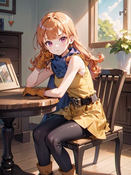 1girl,solo,dq4-alena,long hair,red-purple eyes,orange hair,sleeveless,black pantyhose,yellow dress,yellow skirt,belt,cape,curly hair,gloves,small breasts, boots,shiny,<lora:dq4-alena:1>,room,sit on a chair,table,pensive, (masterpiece), (best quality), (ultra-detailed), intricate detail,