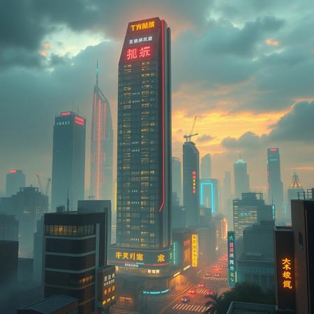 make cyberpunk future setting with skyscraper chine text of a town