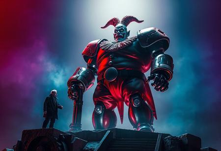 "Capture a dramatic, high-definition image of Saggi the Dark Clown robot standing atop the Orca Mega-Fortress of Darkness, set against a backdrop of a red, blue, purple, and black fade. The robot should be in an action pose, with a spotlight highlighting its attractive, beefy form and pompous expression. An old man can be seen in the scene, standing near a pillar and the singularity. Utilize a red and teal color scheme, with a focus on hyperrealistic details, cinematic lighting, and depth of field. The final image should resemble a still from a high-budget film or a visually striking 4K wallpaper, trending on ArtStation."