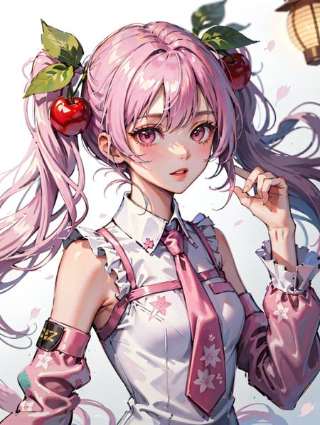 (masterpiece, best quality:1.25), 1girl, solo, <lora:Sakura_Miku-10:1>, pink hair, pink eyes, twintails, food-themed ornament, cherry_ornament, ((cherry_blossom print)), sleeveless, sleeveless shirt, detached sleeves, long sleeves, frilled white shirt, pink necktie, petals, pink skirt, <lora:epiNoiseoffset_v2:1.25>, rim light, (white_pantyhose), tattoo, bare_shoulders, pink theme, upper body, close-up, cowboy shot, idolmaster shiny colors,  hair, tie clip, frilled shirt collar, paper lantern,