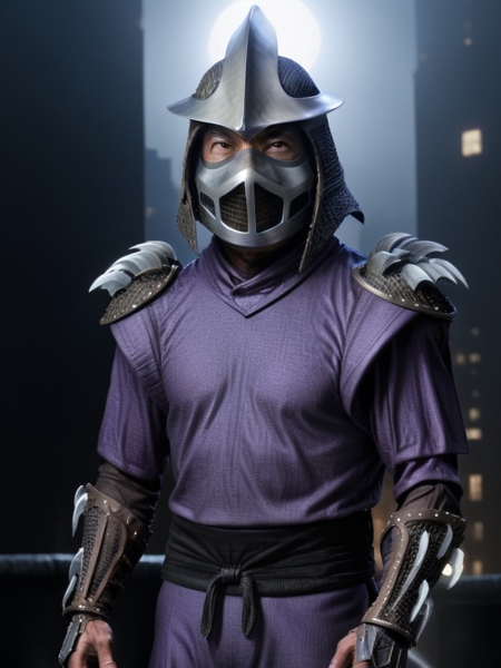 TMNTShredder TMNTShredder 1man armored samurai knight with claw gauntlets wearing a purple outfit with pauldrons and metal samurai helmet with mask