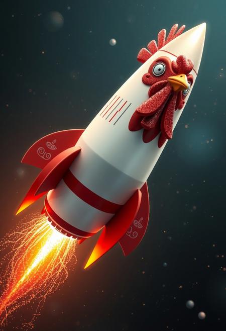 "A majestic, chicken-shaped rocket, its body a sleek, metallic white with bold, red accents, soared through the cosmos, leaving a trail of glittering, starry sparks in its wake. The chicken's face, a stylized, beaked visage with a pair of shining, silver eyes, seemed to gaze forward with determination, as if charting a course for the stars. A pair of delicate, wing-like fins, adorned with intricate, swirling patterns, protruded from the chicken's sides, adding a touch of whimsy and wonder to the overall design. The rocket's engines, a cluster of gleaming, silver nozzles, seemed to blaze with a fierce, golden light, as if propelling the chicken rocket to incredible speeds. The overall effect was one of thrilling, otherworldly excitement, as if the chicken rocket was a symbol of limitless possibility and adventure."