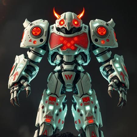 - +++C0d3Br34k.exe towers above others in pulsating bone-white armor inscribed with red error glyphs. Its body shifts between solid code plating and ghost-layer transparency. Four burning eyes observe threat vectors with surgical precision, and its armored arms quake with forbidden protocol strength.
