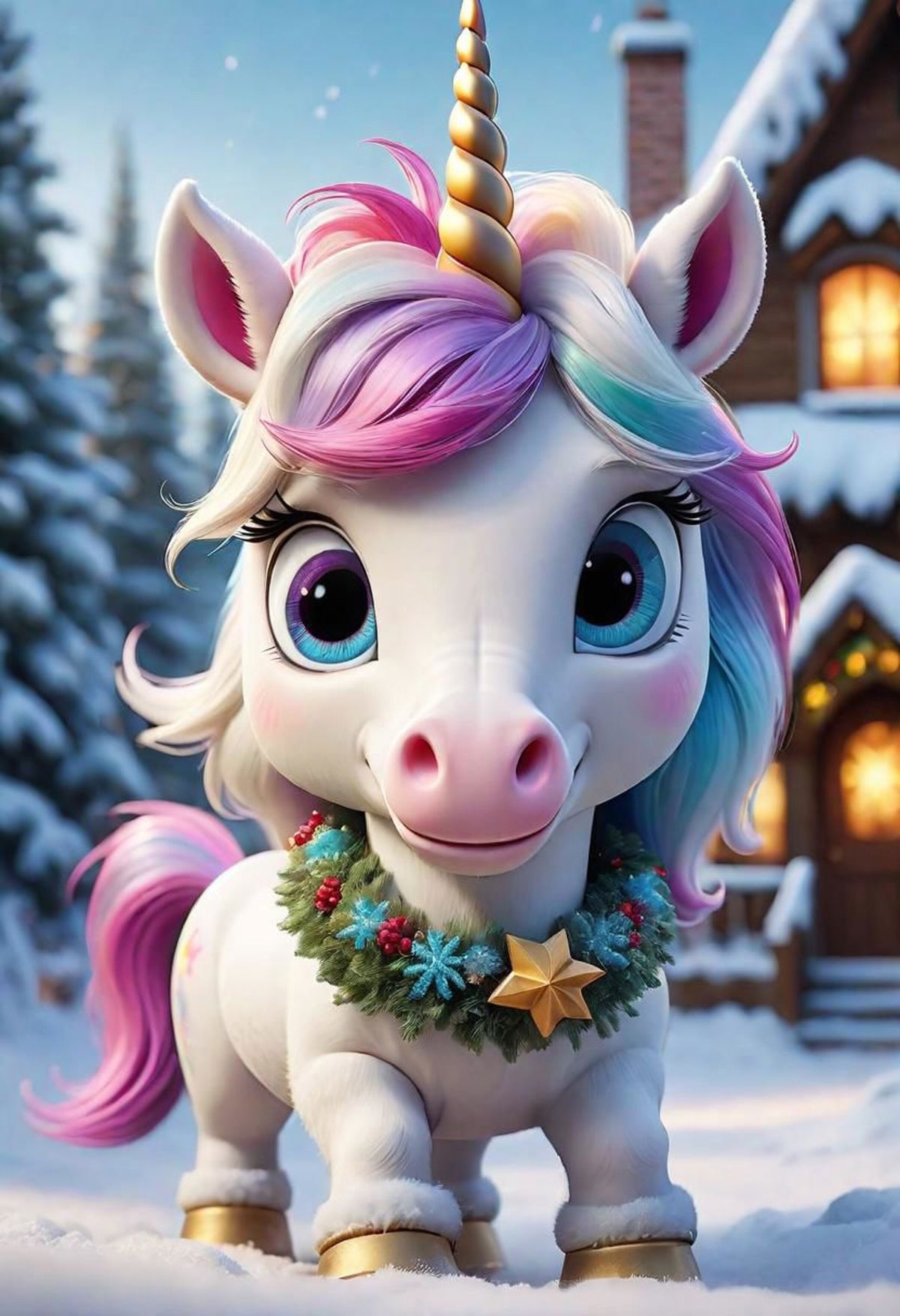 A white and pink unicorn with a gold bow around its neck.