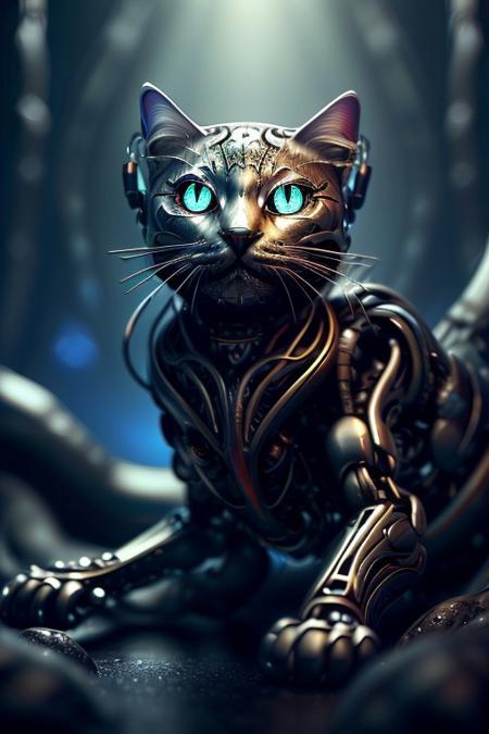 cinematic film still silverpulse, cyborg cat, simple background, high quality, artistic, vibrant colors, detailed textures. futuristic sleek/glossy silver and blue glow, vibrant colors, detailed textures., Concept art, cyborg, background, vintage, modern, SilverPulse, <lora:SilverPulseMorphXL:0.8>, excellent composition, artistic, highly detail, holy, sunny, dynamic dramatic beautiful full taking . shallow depth of field, vignette, highly detailed, high budget, bokeh, cinemascope, moody, epic, gorgeous, powerful, alive,