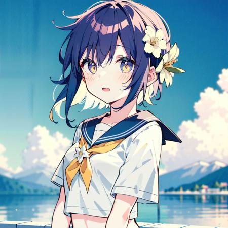 1girl,lake,\(-3-\),short hair,flower-shaped pupils,sailor,yellow theme hair,