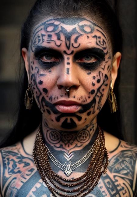 a close up of a person with tattoozfcs on their face and tattoozfczfc on her face and a chain around her neck and a necklace around her neck, half man half asian black bull, huge bulbous pitch black eyes, meth head, facebook, inspired by James Bolivar Manson, tattoozfczfc, reddit, solo, jewelry, 1girl, earrings, brown_hair, long_hair, looking_at_viewer, necklace, portrait, tattoozfc, brown_eyes, lips, realistic, closed_mouth <lora:tattoozfczfc_v1.0_10800_lora:1>