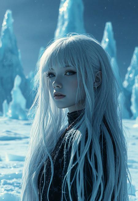 Cinematic Concept Art. goth woman white hair,alien glacier, shimmering ice formations, surreal blue hues, otherworldly landscapes, sparkling frost, towering ice spires, cold environment, ethereal light, vast frozen expanse, extraterrestrial beauty, fine art photography, conceptual expression, evocative imagery, artistic interpretation, emotional resonance, creative composition, professional lighting, exquisite detail, immersive experience, storytelling through imagery, conveying mood,  unique perspective, thought-provoking concept, capturing beauty, transcending reality surreal photography, dreamlike imagery, subconscious exploration, bending reality, imaginative narratives, juxtaposing elements, evoking wonder and awe, transcending boundaries, challenging perceptions, fantastical landscapes, otherworldly atmospheres, abstract 3D render, abstract 3d art, imaginative design, dynamic lighting, immersive presentation, captivating visuals, high-quality rendering techniques, innovative concept, unique aesthetics, creative compositions, visually stunning results, volumetric, 4k,