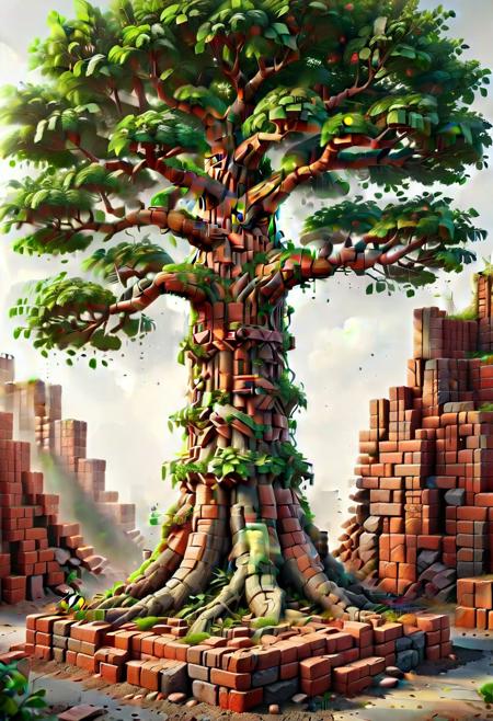 tree growing bricks. Ultra High Definition 64K, Detailed and Intricate, Digital Art, Photo, Realistic, Cinematic, Studio Lighting, Beautiful Lighting, landscape view