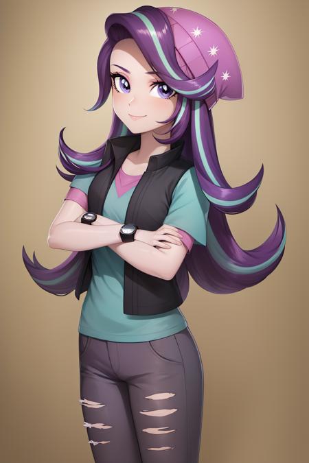 mlpglimmer colored skin streaked hair purple eyes hat torn clothes shirt short sleeves vest pants