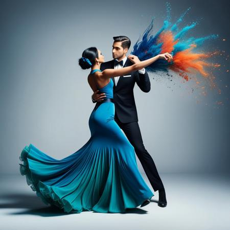 A stunning 3D render illustration of a modern Egyptian couple in formal attire, 
dancing gracefully against a light grey background. The man, 
with short brown hair, 
wears a sleek black suit and a stylish bow tie, 
while the woman captivates in a stunning sleeveless blue gown with a plunging neckline and cascading blue hair. Surrounding them, 
a vibrant and dynamic burst of colors erupts, 
creating a lively and energetic atmosphere. The color palette ranges from deep blues and greens to fiery reds and oranges, 
forming a striking contrast against the simple background. The image exudes romance, 
celebration, 
and elegance, 
perfect for a cinematic poster or fashion spread., 
illustration, 
cinematic, 
3d render, 
fashion, 
poster