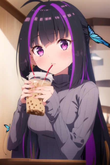 masterpiece, best quality, 1girl, solo, Purple eyes, multicolored hair, purple eyes, sleeves past wrists, streaked hair, looking at viewer, purple hair, black hair, butterfly hair ornament, black hair, butterfly, bangs, bug, blurry, cup, sleeves past fingers, ahoge, drinking straw, looking at viewer, parted lips, depth of field, long sleeves, bubble tea, holding, hairclip, blush, disposable cup, blurry background, sweater, very long hair, :3, holding cup, virtual youtuber, turtleneck, turtleneck sweater, x hair ornament, upper body, grey sweater, earrings, blue butterfly, hands up, twitter username, jewelry, animal, blunt bangs, indoors, bow, ribbon, white bow, jacket, watermark, bow earrings, instagram username, letterboxed, artist name