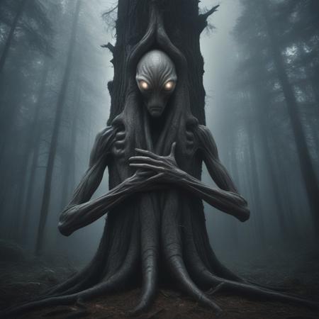 A haunting surreal image of a tree in a dark forest,  human arms and hands gripping its trunk at various heights. The source of the arms is revealed as an alien figure behind the tree, its form eerie and unsettling. The alien's appearance is mysterious, with pale, glowing eyes and a body partially blended into the rugged bark. The muted tones of the forest and subtle lighting enhance the otherworldly atmosphere, evoking themes of entrapment, desperation, and a chilling connection between humanity, nature, and the unknown.