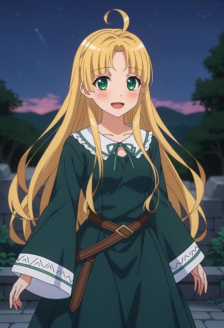 long hair, blonde hair, green eyes, parted bangs, blunt bangs, ahoge AsiaSchool, sweater vest, grey vest, striped shirt, white shirt, neck ribbon, black ribbon, long sleeves, pleated skirt, purple skirt AsiaDress, green dress, neck ribbon, frilled collar, wide sleeves, green skirt, brown belt