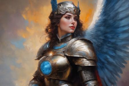 ((Masterpiece, best quality)),beautiful colors, sharp contrast,oil painting, vintage,crackled paint,
walkure, portrait of a  woman ,wearing walkure,wings,armor,winged helmet,painted in walkure style
 <lora:edgWalkureXL:0.7>