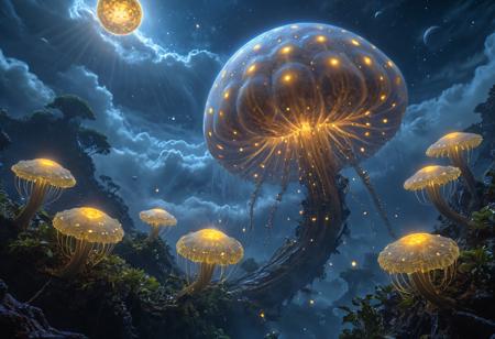 Inside the atmosphere of a gas giant planet, towering clouds of yellow and brown, floating alien plants, flying alien creatures, floating gas bag creatures, detailed gas giant ecosystem, intricately detailed, light shining through the cloud. Bioluminescence, luminous, nature
