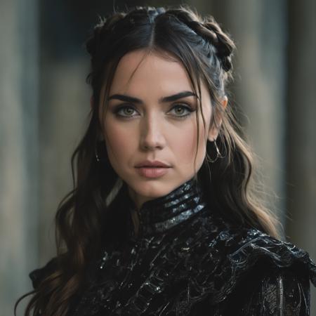 closeup of (ohwx woman) wearing gothic clothes, braided pigtails, in a castle, sharp focus, looking at the camera, makeup, cinematic look, <lora:ana_lora_sdxl_v3-slim:1>, night time, Mystical atmosphere