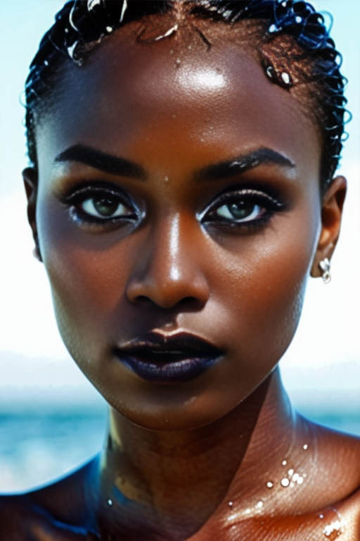 (masterpiece, beautiful, highest quality:1.2), beautiful diverse woman with sleek black shiny skin, glossy wet texture, black sclera:1.2, wearing lowcut top, (busty:1.4), high contrast, intricately detailed, serious expression, orca aesthetic, white eye makeup, high fashion concept, gorgeous model with short hair, non-white model,   <lora:FJ6:1>