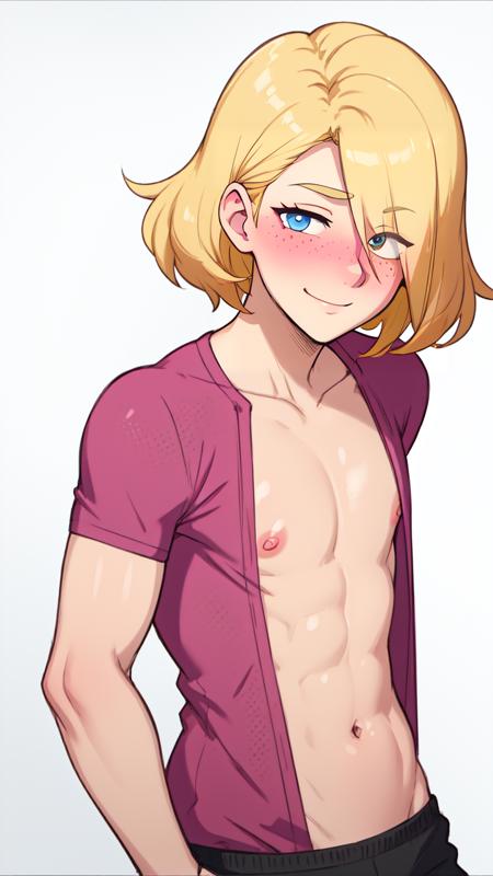 (masterpiece, best quality:1.15), (1boy, otoko no ko:1.1), blush, smile, solo, male focus, looking at viewer, open clothes, nipples, (bulge:0.8), white background, border, simple background, short hair, blonde hair, freckles, hair over one eye, pink shirt, shirt