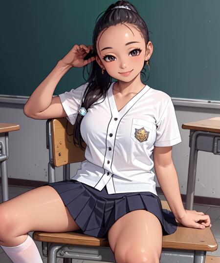 (masterpiece, best quality:1.2) 1girl, cp2, realistic, white shirt, pleated skirt, kneehighs, smile, jewelry, forehead, ponytail, arm support, school desk, medium breasts, classroom, [school emblem::9] [dark skin:8]
<lora:cp2Y16:1>