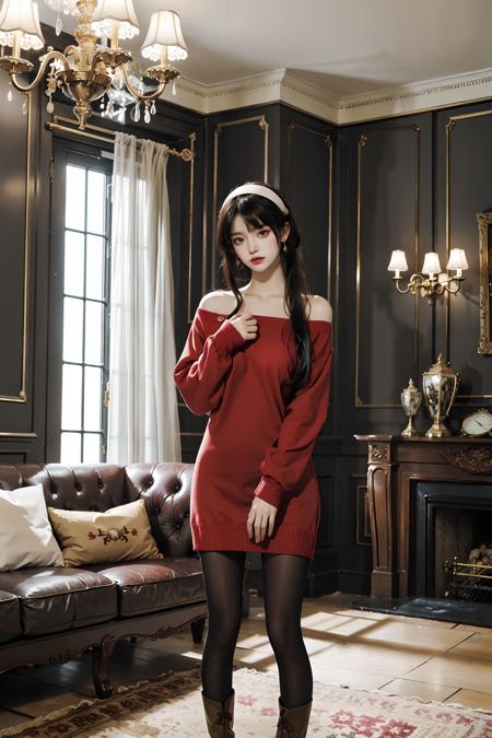 <lora:Yor_Briar_RedSweater:0.75>, yor_briar, cowboy shot, 1girl, sweet girl, ((long sidelocks)), (sidelocks), black hair,jewelry, white hairband, (red off-shoulder sweater dress),(red sweater),off shoulder, bare shoulders, long sleeves, (black pantyhose),((brown boots)), (standing),full body, looking at viewer, indoors, living room, sofa, decorations, chandelier, book stack,