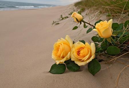 yellow roses bloom on a dune covered with grass. Their delicate petals contrast with the severity of the sandy beach and the wildness of the ocean. The photo exudes peace and beauty of nature. Possible tags: sunset, 
sea, 
beach, 
roses, 
nature, 
landscape, 
romanticism, 
peace, 
vacation, 
travel.