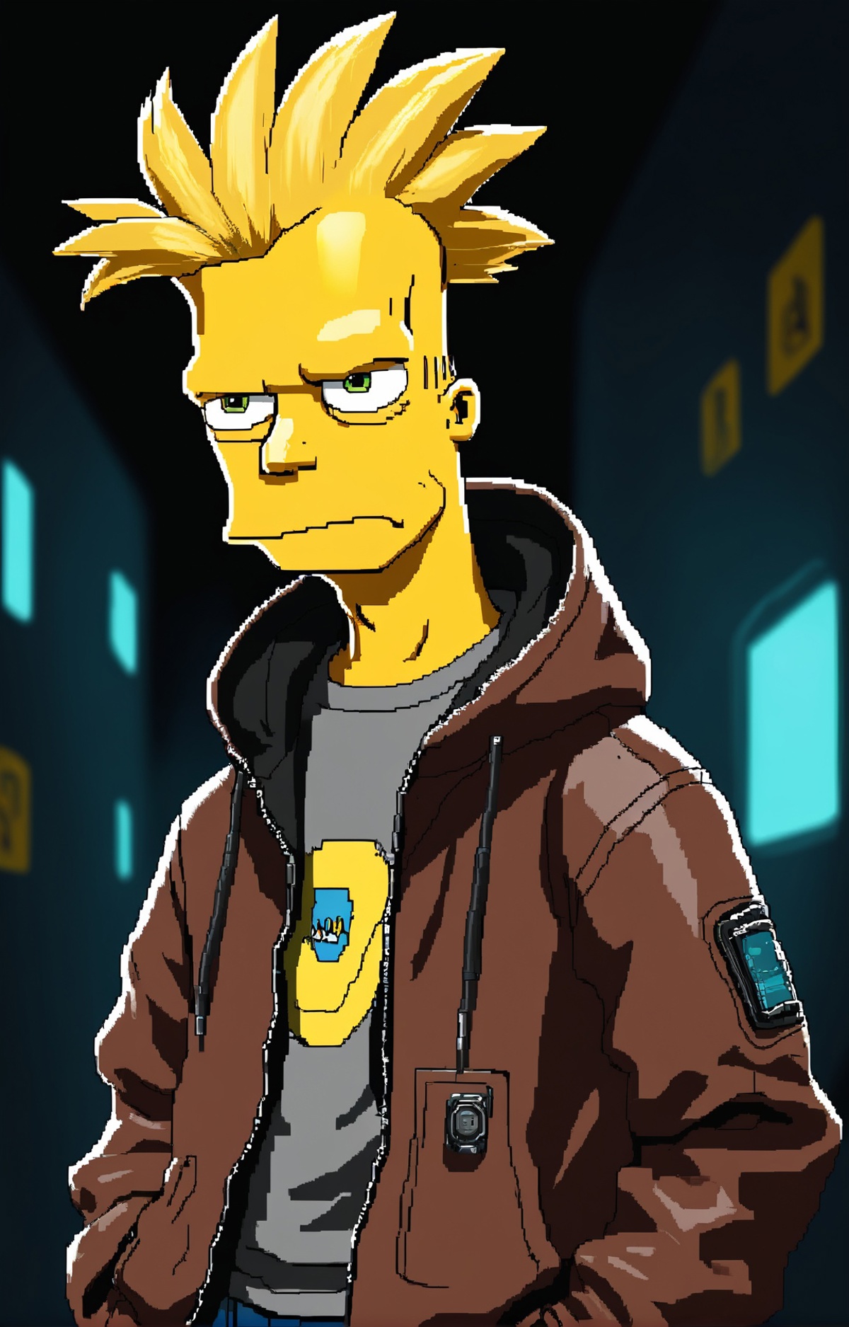 A Simpsons character wearing a brown hoodie and yellow shirt.