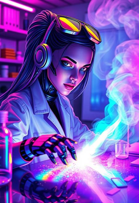 A digital artwork in the style of cknc,, neon colors, A beautiful female android in a science lab, wires and circuits, robotic hands, and sunglasses on her head, works on a rainbow galaxy on a table, cyberpunk, hyper-maximalism, rainbow iridescent smoke, looking at viewer, evil smirk,