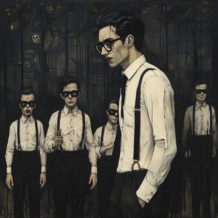 score_9, score_8_up, score_7_up, style of John Kenn Mortensen, 1man, masculine, black hair, chiseled jaw, black glasses, hands in pocket, white button up shirt, black slacks, suspenders, dark, eerie, macabre background, masterpiece, detailed,