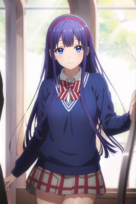 mikotoasuka, <lora:mikoto asuka s1-lora-nochekaiser:1>,
mikoto asuka, long hair, blue eyes, blue hair, hairband, red hairband, smile,
BREAK skirt, bow, school uniform, pleated skirt, bowtie, sweater, plaid, plaid skirt,
BREAK indoors, classroom,
BREAK looking at viewer,
BREAK <lyco:GoodHands-beta2:1>, (masterpiece:1.2), best quality, high resolution, unity 8k wallpaper, (illustration:0.8), (beautiful detailed eyes:1.6), extremely detailed face, perfect lighting, extremely detailed CG, (perfect hands, perfect anatomy),