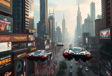 A highly detailed, photorealistic image of an urban cyberpunk style cityscape with flying cars