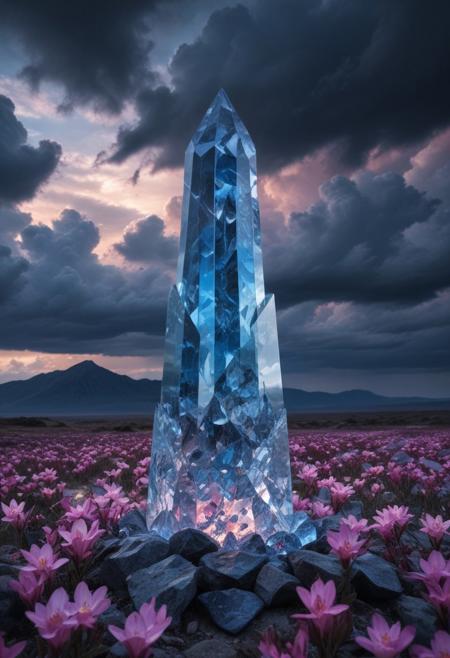 (8k landscape photography:1.2) an massive shiny crystal glass tower in an ethereal alien landscape surrounded by glowing flower crystals, a sapphire sky with dark clouds looming above