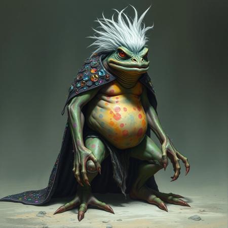 slaad lord rennbuu, twelve foot tall gaunt anthropomorphic frog man with rainbow blotches on skin, sharp teeth, long shock of white hair atop head, wearing sparkly cloak of many colors, (skin MUST be entirely covered in blotches of multiple rainbow colors), (must not have green skin), (NO GREEN SKIN), (body must be gaunt), (NO large belly)