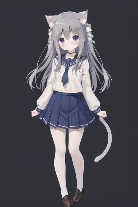 <lora:super-qianhuili-v1:1>,<lora:GoodHands-beta2:1> nice hands, perfect hands
qianhuili, 1girl, solo, tail, animal ears, pantyhose, skirt, shirt, cat tail, cat ears, brown footwear, long sleeves, long hair, blush, cat girl, tail ornament, pleated skirt, white background, white pantyhose, blue skirt, shoes, bow, animal ear fluff, loafers, hair between eyes, sleeves past wrists, simple background, bangs, closed mouth, white shirt, school uniform, hair bow, full body, necktie, standing, grey hair, serafuku, very long hair, sailor collar, looking at viewer, ribbon, hair ornament, white bow, white sailor collar, hand up, tail bow, blue necktie, blue eyes