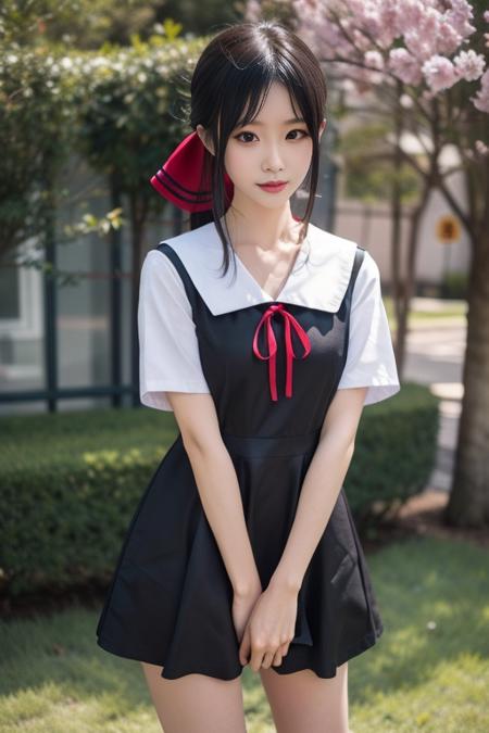 ultra-detailed,highly detailed,best quality,masterpiece,illustration,nsfw,
1girl, kaguya,shinomiya kaguya, cosplay,hair ribbon, folded hair,
shuuchiin academy school uniform,summer uniform,short sleeves, sailor collar,pinafore dress,
outdoors, 
<lora:kaguya_sum_v1_03:0.6>