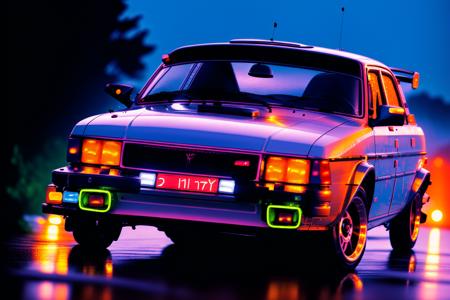 masterpiece,best quality,official art,extremely detailed CG unity 8k wallpaper,illustration, ((TUNED RALLY car)), moving, wet, (((NIGHT))),neon lights,drift,  <lora:GAZ3102:1>,GAZ3102