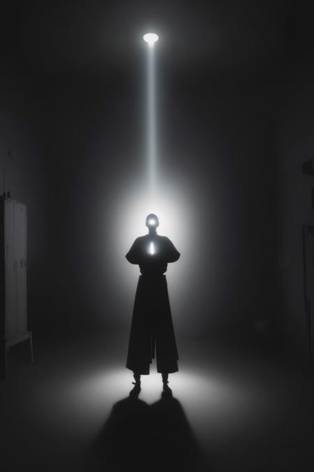 <lora:Moving Meditations:1>Moving Meditations - a person standing in a dark room with a light coming from behind them