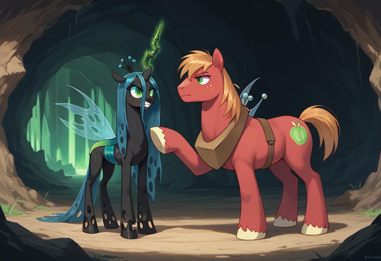 score_9_up, score_8_up, score_7_up, score_6_up
green glowing cave, indoors, 2 charachters, duo, source_pony
1girl, mlp Queen Chrysalis, feral, feral equine, long eyelashes, anatomically correct
1boy, mlp big macintosh, male equine, feral male
female talking to male, female pointing at male, male mind controll, female glowing horn, male bright green glowing eyes, female teeth, female angry
side view, upper angle view, full body view