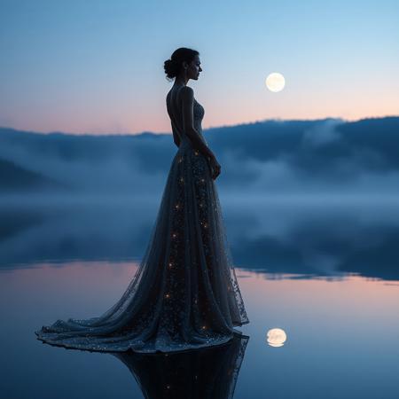 A cinematic full-body portrait of a breathtakingly elegant woman standing at the edge of a serene, glass-like lake at dusk. Ethereal volumetric moonlight filters through a gentle mist, illuminating her intricate, floor-length evening gown, which shimmers with thousands of delicate, light-catching crystals. Her poised silhouette and the twilight sky are flawlessly mirrored on the water's placid, inky surface, creating a scene of profound tranquility and stunning, reflective beauty.