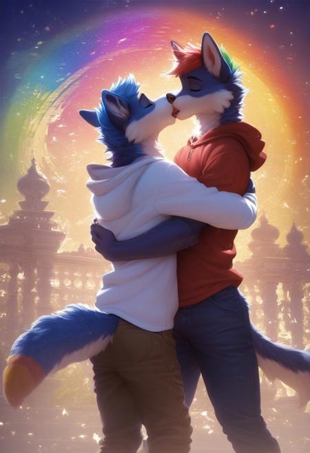 score_9, score_8_up, score_7_up,score_6_up, source_furry, Furry Mix PDXL, furry male, highly detailed, hyperrealistic, extremely fluffy, ,, dynamic pose, beautiful vibrant colors, intricate details, cinematic lighting, photorealistic, 8k, masterpiece  , high quality,F.M PDXL, (((2boys))), thigh up view,  kissing, hooded shirt, pants
 (((by <pochemu>))), Expressiveh, rainbow background, hearts