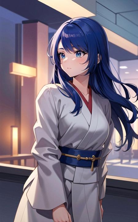 (masterpiece:1.2, best quality:1.2, beautiful, high quality, highres:1.1, aesthetic), detailed, extremely detailed, ambient soft lighting, 4K, perfect lighting, perfect face, perfect eyes, <lora:Samantha:0.3> 1 girl, samantha, blue hair, blue eyes, kimono, belt,