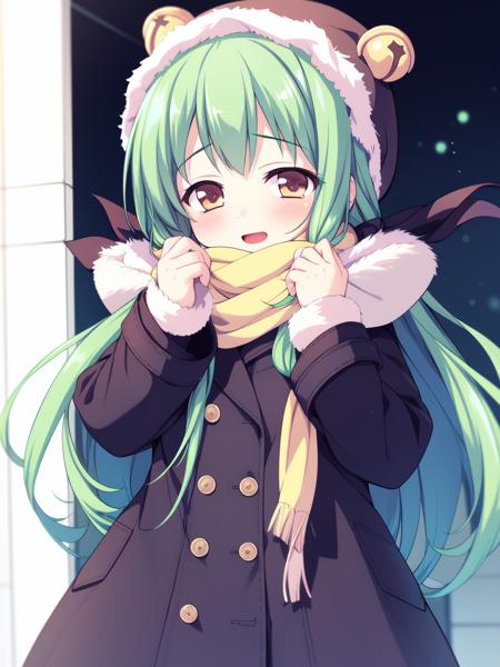 <lora:TachibanaYuzu:0.8>TachibanaYuzu, green hair, long hair, hair bell, hair ornament, ribbon,1boy, otoko no ko, soro,
fur hat, scarf, coat, shoes, happy, standing, looking at viewer, cowboy Shot,
masterpiece, high quality, very_high_resolution, large_filesize, full color,