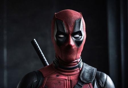 cinematic photo (deadpool), . 35mm photograph, film, bokeh, professional, 4k, highly detailed, realistic, detailed, photo realistic, sharp focus, 8k, Close-up, grim smile, relaxed pose, portrait movie shot, serious, menacing, chiaroscuro style photo, dark background, minimalism, dramatic lighting, professional quality, dull highlights and shadows, natural and  original,