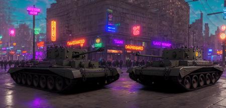 photo of a group of cromwelli tanks parked near neon box in middle of city streets with a lot of crowd at night with colorful neon lights,neon trim, smokes effect, dusts effects, hardtop, high quality photo, lens flare, bokeh, 8k resolution, gobo lights, warm ambient light, volumetric light, neon lights, depth of field, analog, foggy atmosphere, , <lora:cromwelli:1>, a lot of crowd, bokeh background