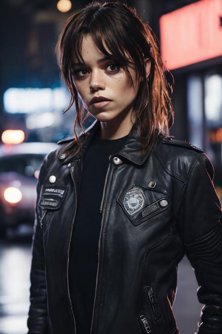 portrait photo of jenort <lora:JennaOrtegaDogu2.1:0.85> as a beautiful female model, georgia fowler, beautiful face, with short dark brown hair, in cyberpunk city at night. She is wearing a leather jacket, black jeans, dramatic lighting, (police badge:1.2)